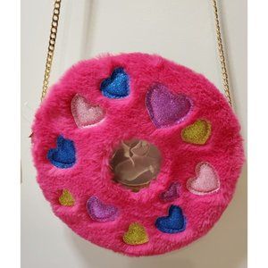 NWT B Rosy Pink Fur and Gold Crossbody Round Donut Bag with Glitter Hearts